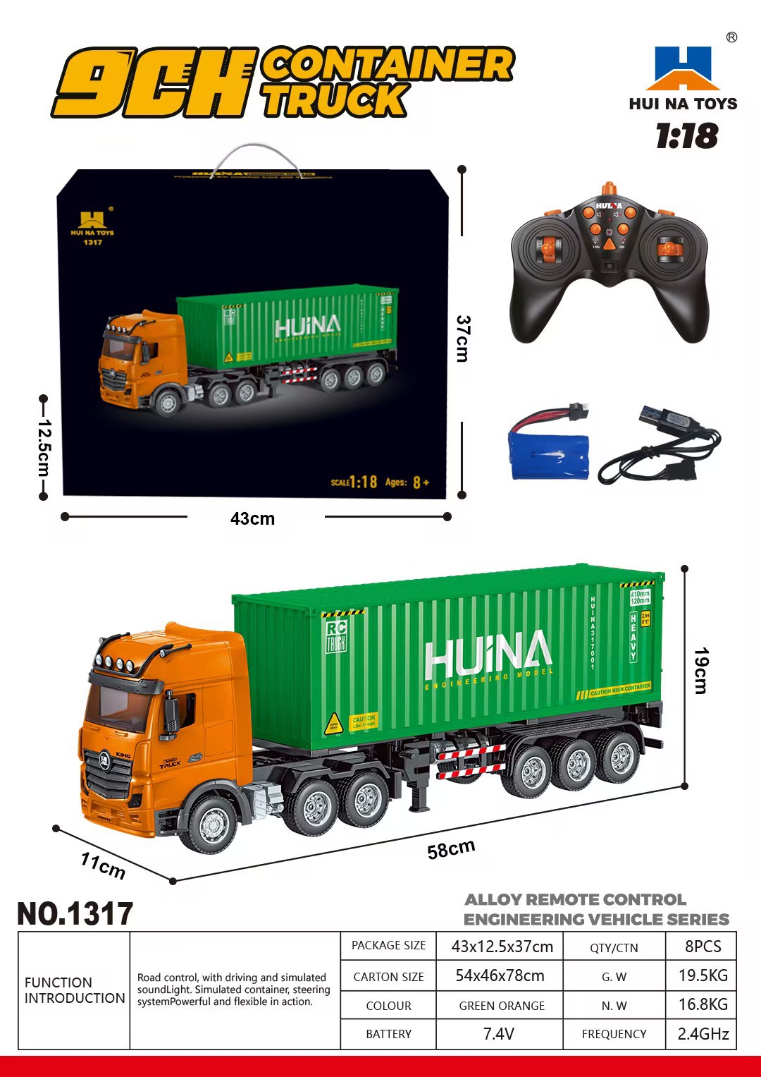 1/18 9CH Semi Alloy RC Container Truck
