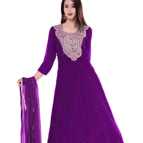 Qualità Premium Leheriya stampato Georgette tessuto donna Abaya stile Kurti in viola abbinato a pantaloni e Dupatta Set all'ingrosso