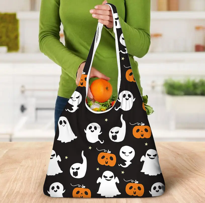 Custom 190T poliestere sublimazione spazi riutilizzabili Shopping drogheria borse da tasca lavabili pieghevoli per lo Shopping di Halloween Tote Bag