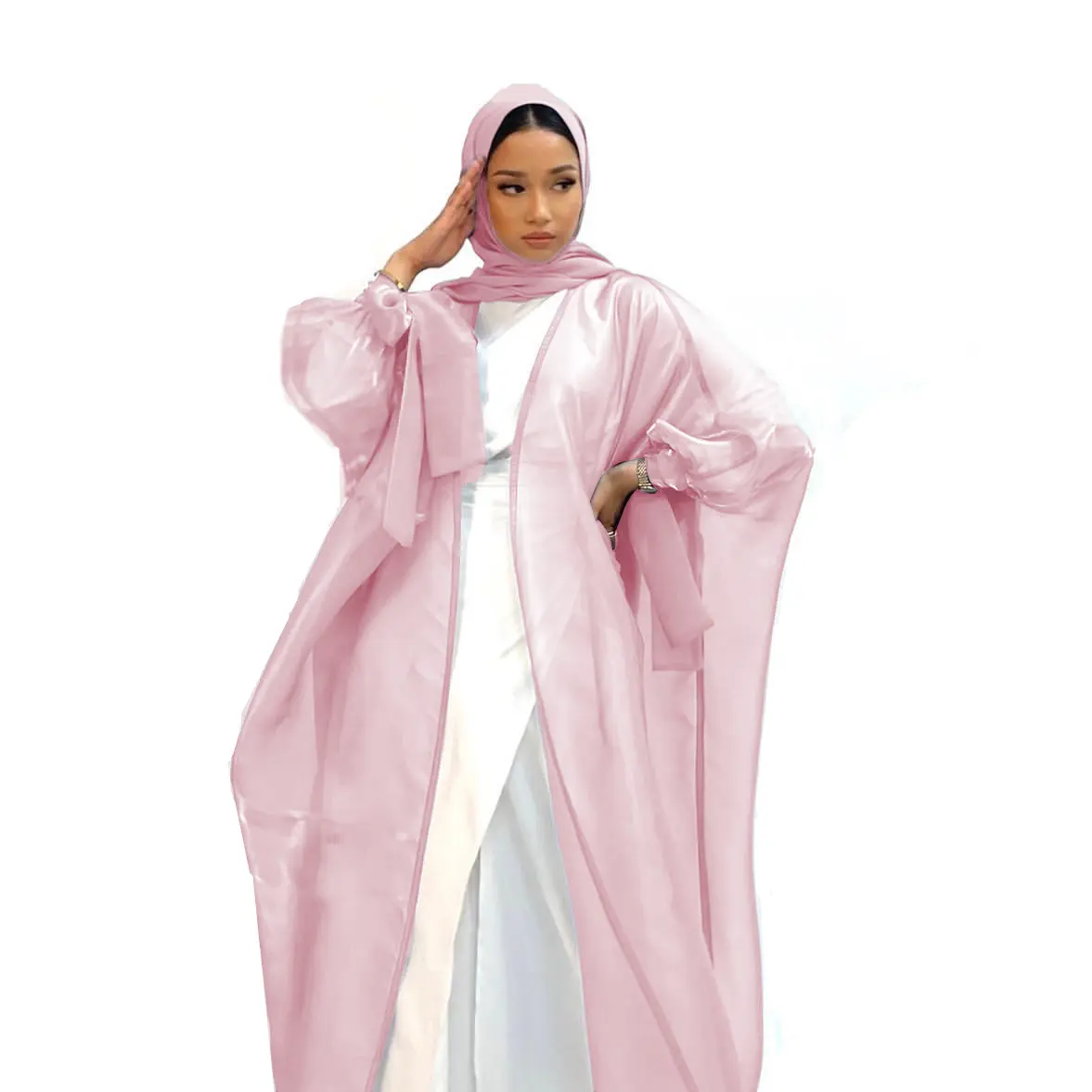 Abito Multi colore rosa bordeaux turkishi abbigliamento islamico Dubai Abaya abito musulmano Organza brillante poliestere aperto anteriore Abaya