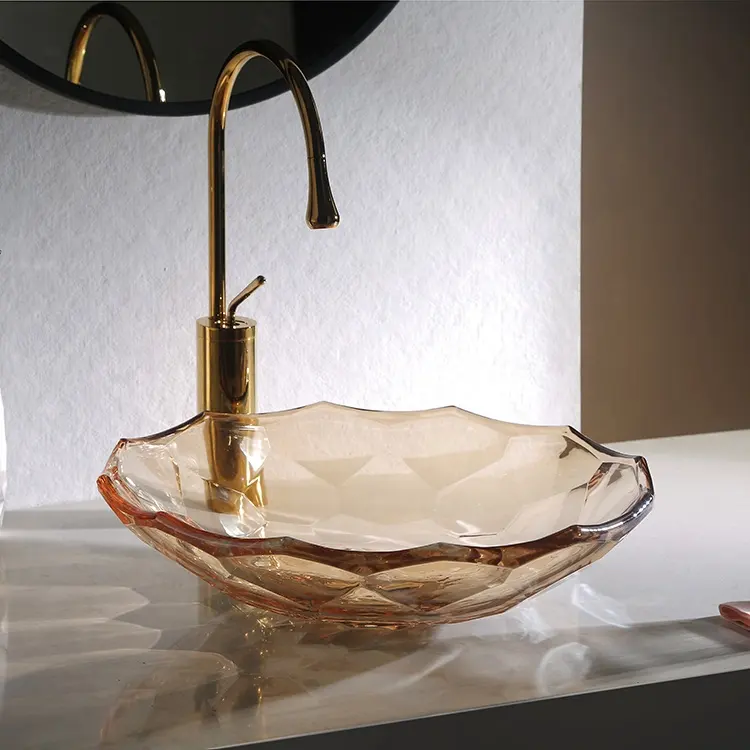 Factory Wholesale Luxury Transparent Crystal Glass Vessel Bowls Wash Basin Counter Top Round Bathroom Sinks