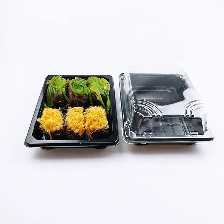 Recipiente para sushi PET Descartável Placa retangular de plástico preto para viagem