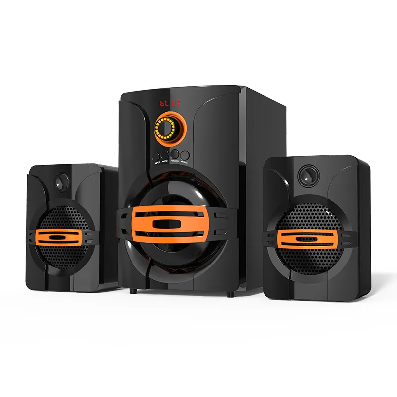 Cabinet in legno sistema home theater subwoofer 2.1 multimedia speaker con bluetooth, USB, SD, FM, telecomando