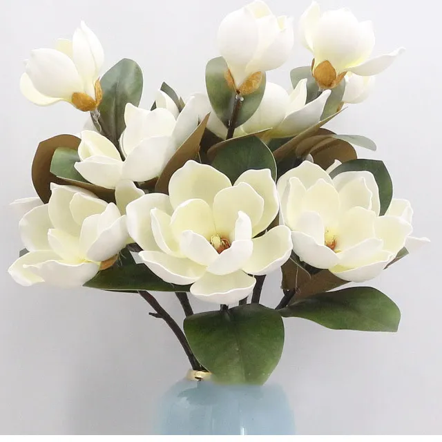 Flor de magnólia artificial de espuma PE de alta qualidade com 3 cabeças e hastes longas para arranjos de casamento e decoração de casa