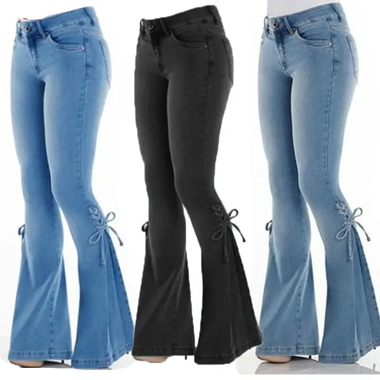 Moda all'ingrosso vita media tinta unita legato pantaloni svasati Lace Up Bell Bottom Jeans gamba larga per le donne