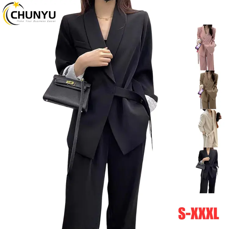 Kadınlar için takım elbise gevşek v yaka ceket Blazer rahat kore tarzı giysi 2 parça gevşek ofis Suit Lady geniş bacak pantolon