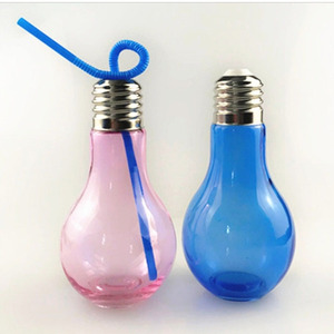 400ml500ml 800ml pink Blue Colored Custom Light Bulb <strong>Shape</strong> Yogurt Milk Tea <strong>Bubble</strong> Juice Glass <strong>Bottle</strong> with Lids and Straw - Product Image 3