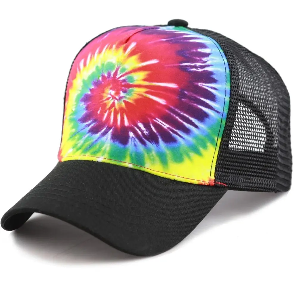 Colorful Tie Dye Print Mesh Trucker Cap Hat Adjustable Snapback Closure 5-Panel Baseball Cap