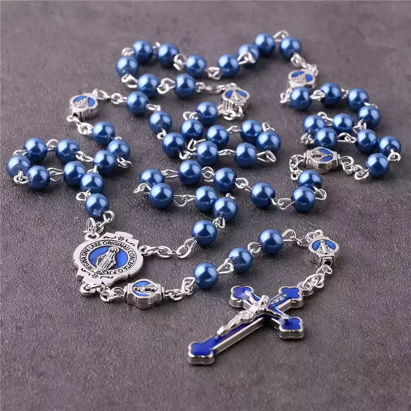 Venta al por mayor a granel Virgen María Cruz de plata Jesucristo crucifijo Rosario cadena larga perlas azules Rosario collar religioso