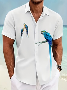 Erkek düğme aşağı gömlek, yaz havai gömleği, papağan desen kısa kollu gömlek - Product Image 3