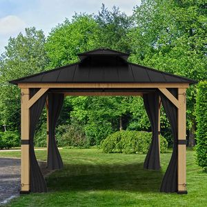 10'x12 'ガゼボガーデンパビリオンヘビーデューティーハードトップシングルウッドメタルルーフ防風ガゼボカーテンとネット付き - Product Image 1