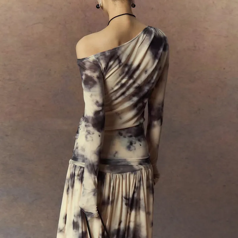 Hauts à manches longues une épaule pour femmes coupe ajustée jupe mi-longue plissée robe en tulle imprimé ensemble deux pièces