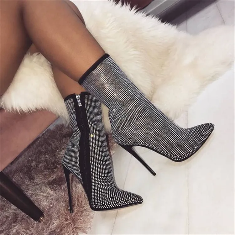 Women's Large Size Women's Boots Metal Women's Boots Pointed Rhinestone High Heel Boots Autumn and Winter Shoes