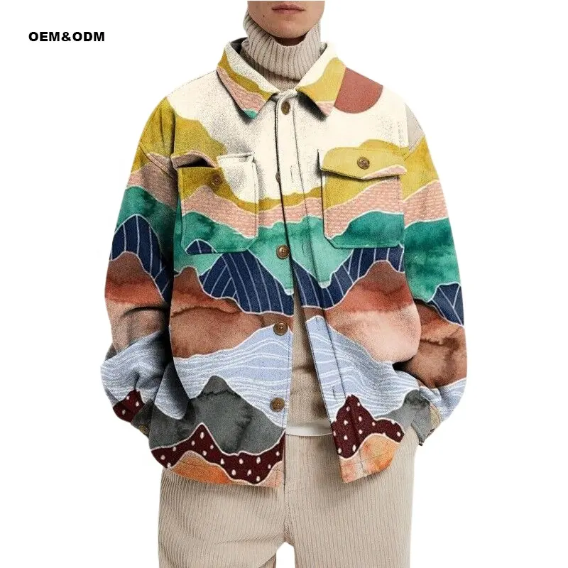 OEM personalizado de los hombres de mezclilla Cardigan Shacket chaqueta de moda Streetwear impreso de gran tamaño camisa gruesa bordada estilo Safari