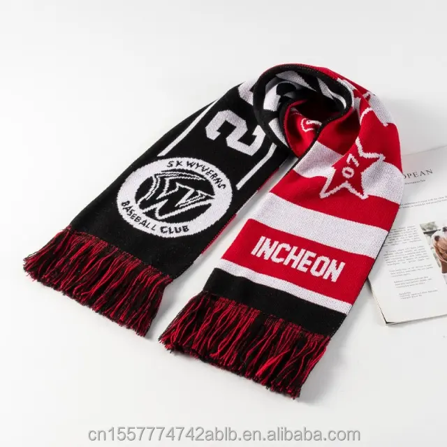 Оптовая продажа, изготовленный на заказ, спортивный трикотажный жаккардовый шарф для футбольной команды