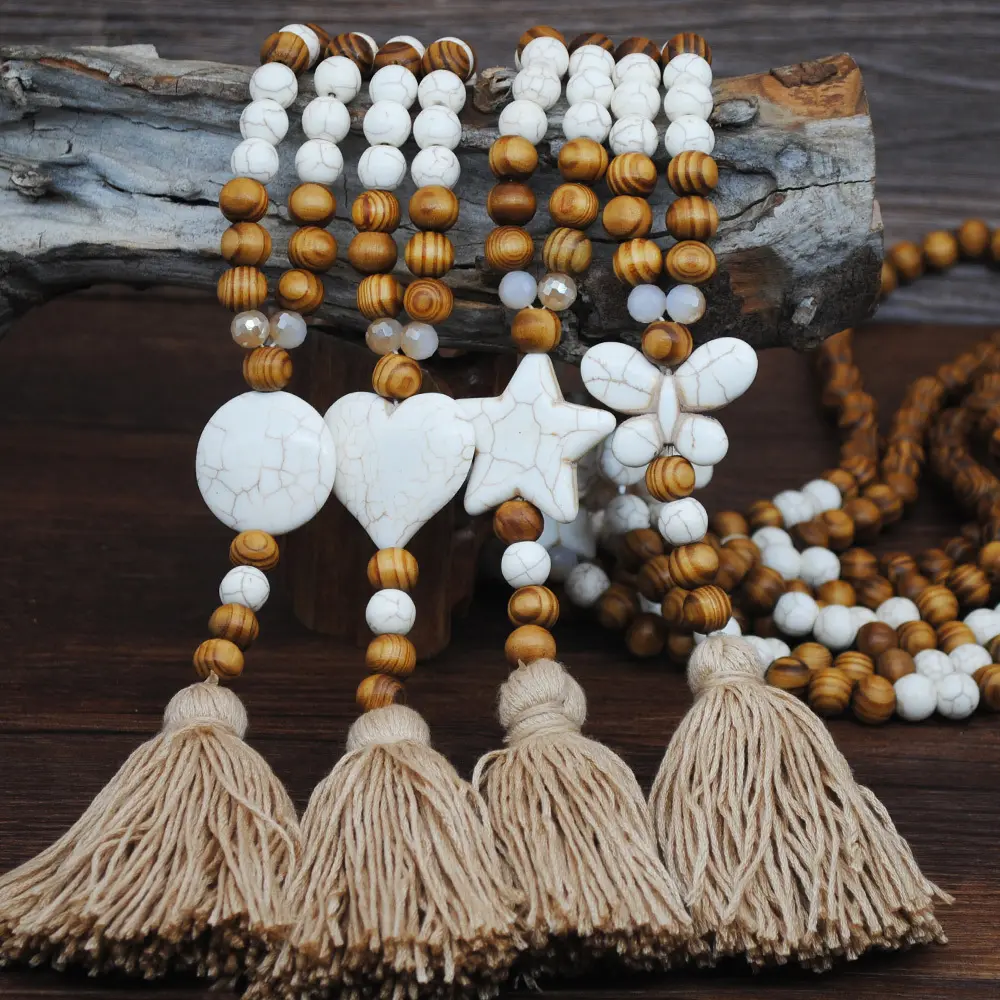 Colar de praia Boho com borla longa pingente de madeira e miçangas turquesa para mulheres joias