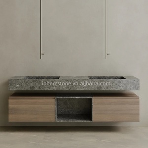 Sicily grigio marmo galleggiante doppio lavello lavabo sovradimensionato mobile da bagno a parete con cassetti in legno - Product Image 1