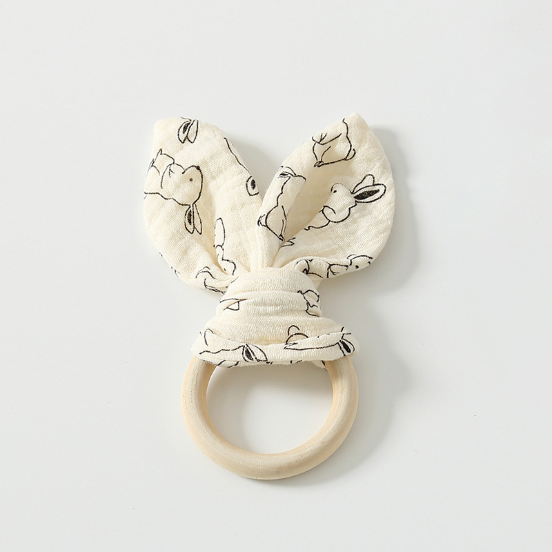 Rabbit baby-gauze printed wooden ring with rabbit ears