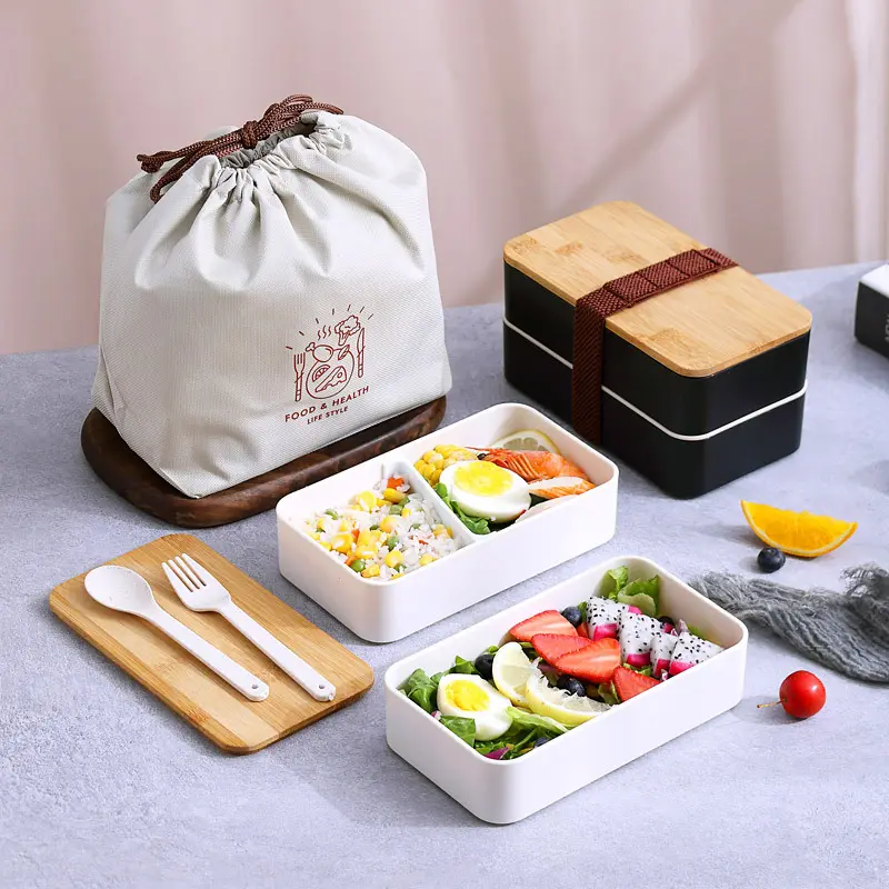Wadah penyimpan makanan Stainless Steel, kotak makan siang dengan tutup bambu dan Set peralatan makan untuk anak-anak