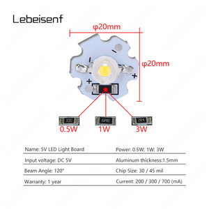 หลอดไฟ LED พลังงานสูง USB DC 5V - ตัวเลือก 0.5W / 1W / 3W, เดี่ยว / หลายสี, พร้อมตัวต้านทานและพื้นผิว PCB อลูมิเนียม 20 มม. - Product Image 2