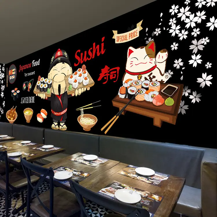 Restaurante Japonés Sushi Tienda Fondo Pared Papel Tapiz Dibujos Animados Japonés Gato DE LA Suerte Papel Tapiz Retro 3D Grano de Madera Mural