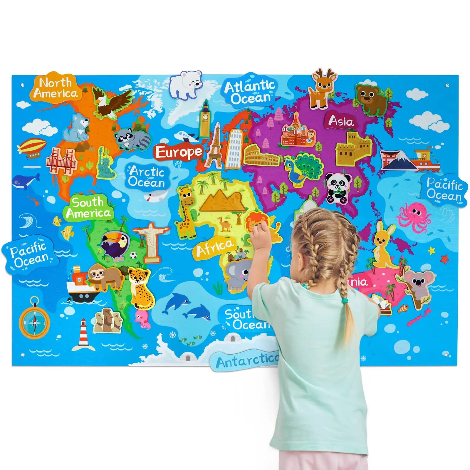 Juego de tablero de Historia de fieltro Mapa del mundo Tablero de aprendizaje preescolar Cuentacuentos Colgante de pared para niños pequeños Juguetes Montessori Tablero de fieltro