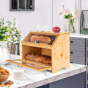 <strong>Direct</strong> Factory Modern Double Layer Bamboo Bread Box with Clear Windows for Kitchen Food Storage Wooden Bread <strong>Bin</strong> - Product Image 1