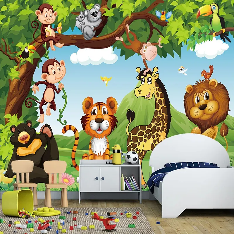 KOMNNI Custom Wandbild Tapete 3D Cartoon Wald Tierwelt Kinder Kinderzimmer Schlafzimmer Wandmalerei Tapete Löwe Tiger Mönch