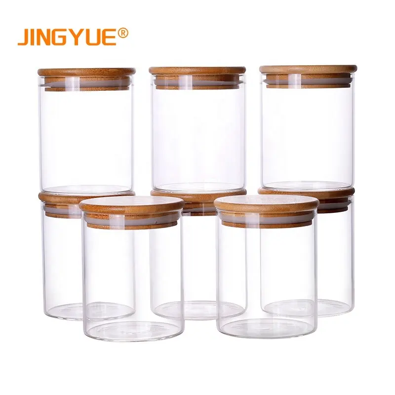 Recipiente de vidro com 8 pacotes, jarra de vidro para tempero, 14oz, tampas de bambu e rótulos