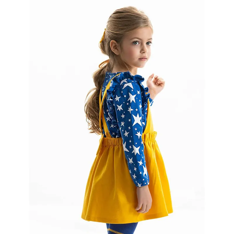 Nova elegante azul brilhante plissado manga comprida linda estrela meninas t-shirts e saia com alças roupa de meninas do bebê