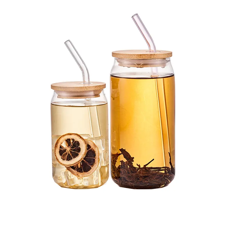 리놀오 음료 컵 대나무 뚜껑이있는 유리 머그잔 컵