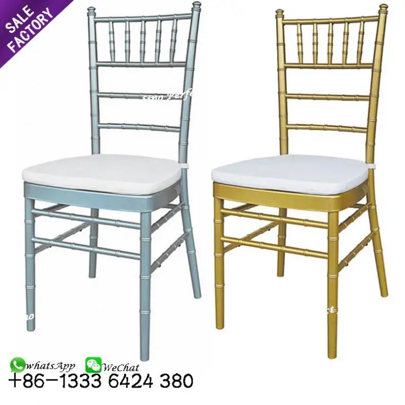 Muebles de boda baratos, silla de bambú apilable de metal tiffany chiavari para fiesta, color dorado y plateado