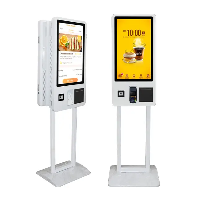 2 touch screen de volta para trás para auto pagamento de encomenda, mcdonald kiosk, código de barras e qr, scanner de código, suporte a personalização