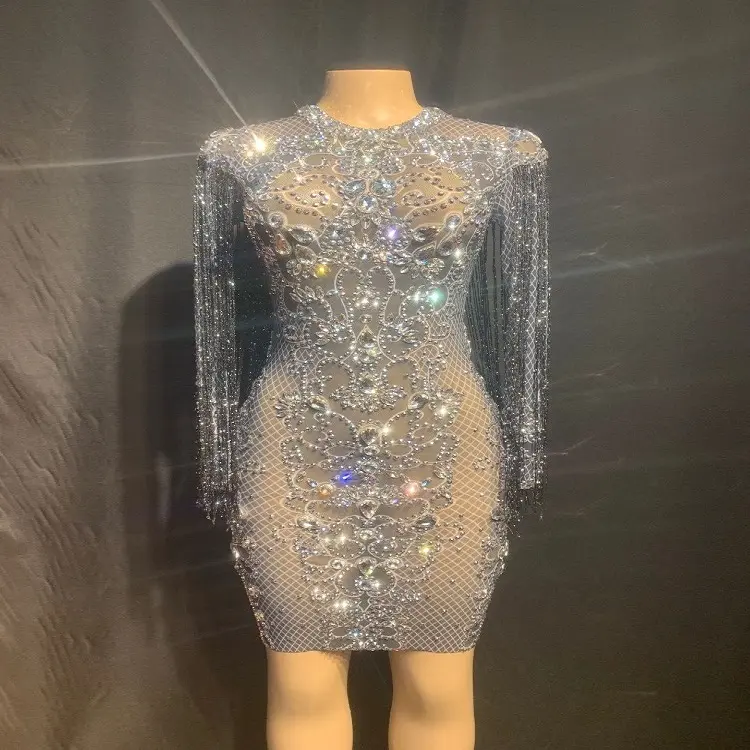 Vestido de noche de lujo de manga larga con cuentas de cristal para mujer, Sexy, para fiesta, con borlas, 2021