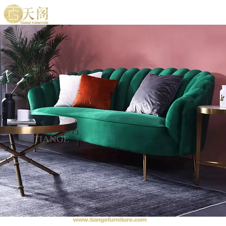 Sofá festoneado de terciopelo turquesa de acero inoxidable dorado cromado de diseño Interior moderno de lujo