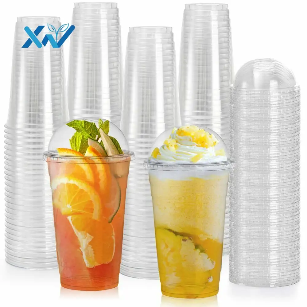 Gobelets jetables transparents compostables en PLA gobelets en PET biodégradables en PP gobelets pour boire du café glacé au lait avec couvercles