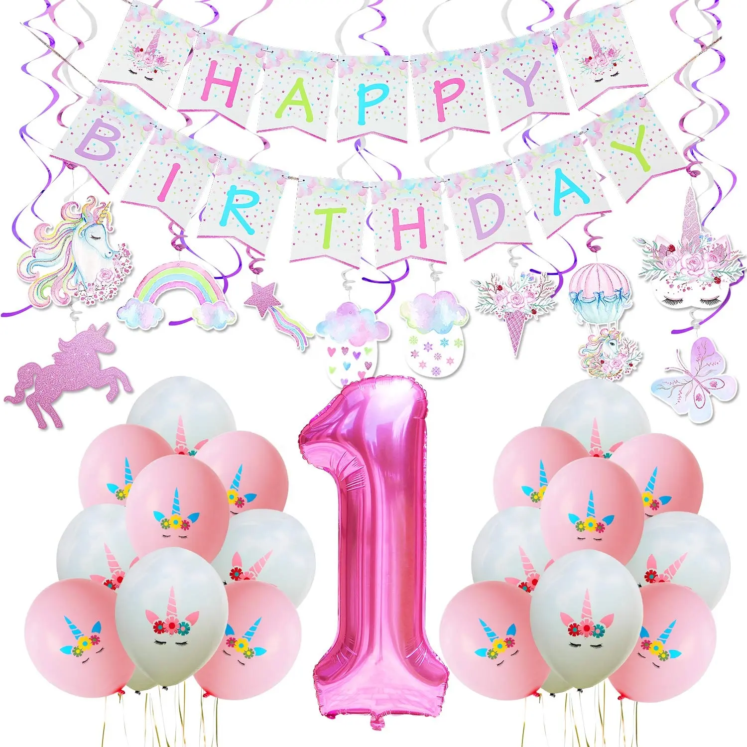Nicro-Set de decoración para fiesta de cumpleaños de niña, suministros de decoración de remolino de papel colgante, tema de unicornio rosa, 54 Uds.