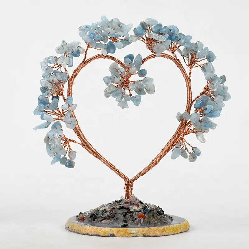 Base di fetta di agata naturale trucioli di pietre preziose filo di rame a forma di cuore doppio albero della fortuna albero di ghiaia di cristallo fortunato per regalo di decorazioni per la casa