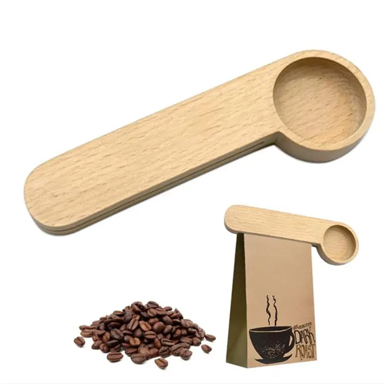 Custom Logo Long Handle 1 Tablespoon 100% Natural Beech Wood Coffee Bean Measuring Spoon with Bag Seal Clip