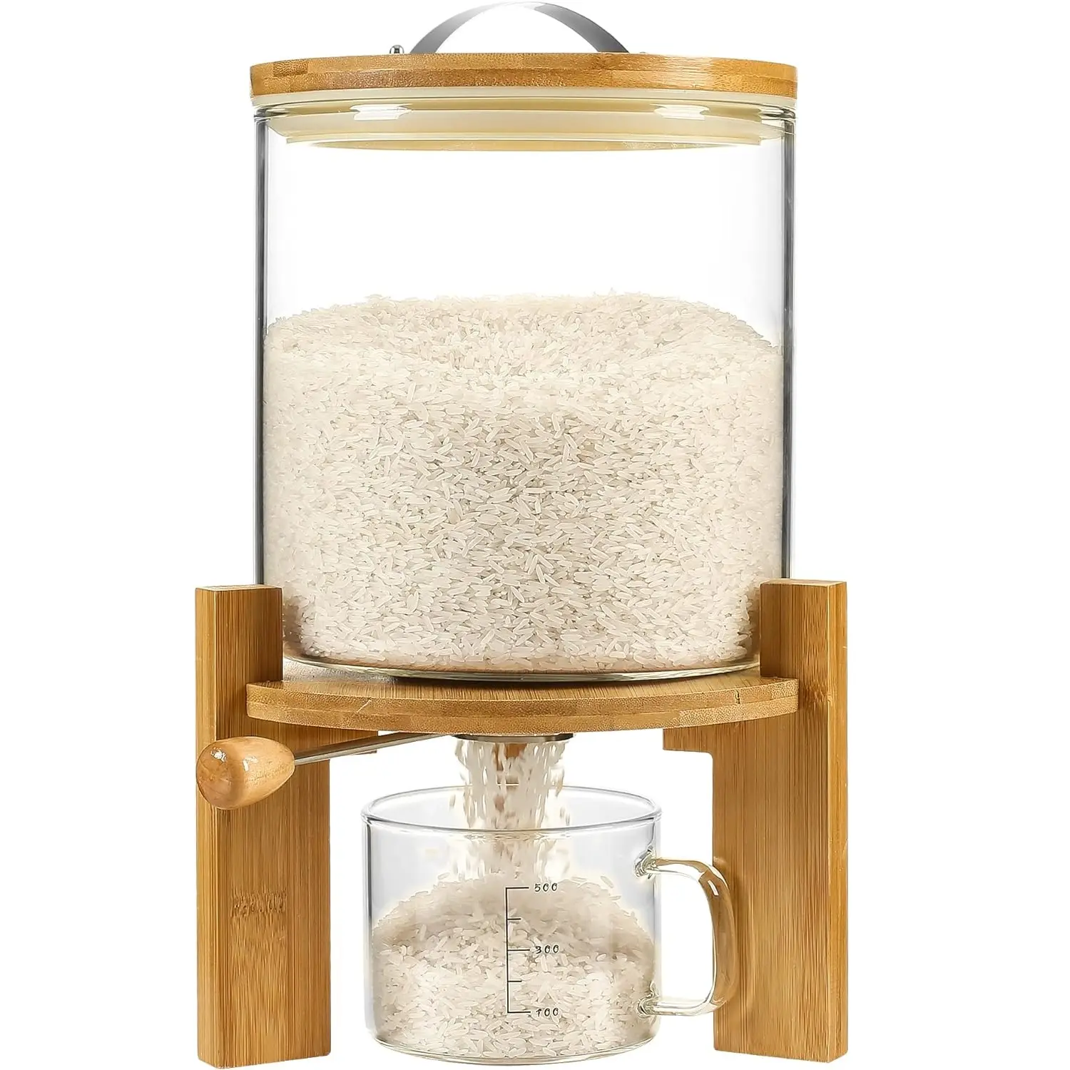 キッチン木製米収納ボックスコンテナスタンドと竹米ディスペンサーベース計量カップ食品容器付き