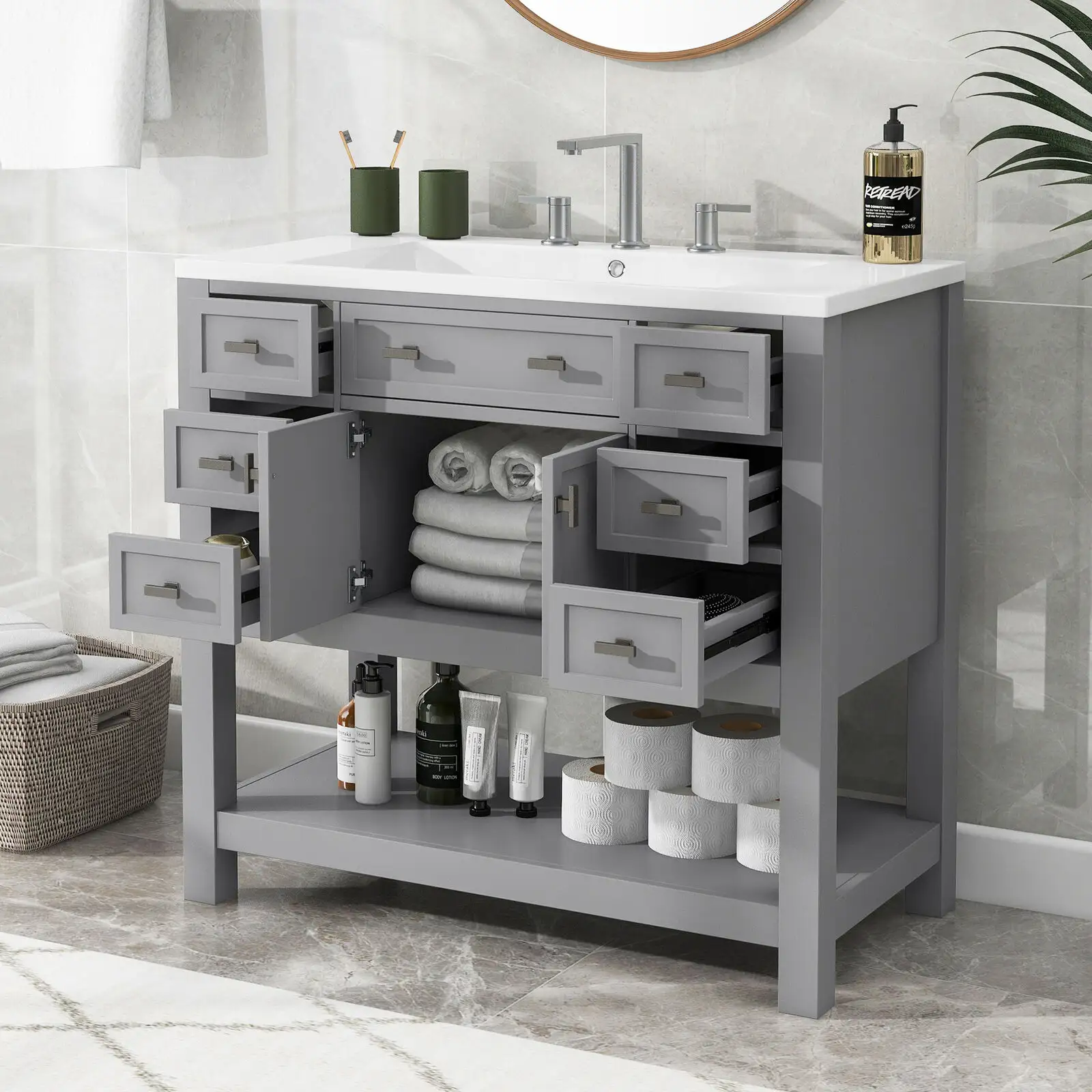 Nuevos muebles de baño de madera duraderos de moda con espacio de almacenamiento multifuncional tocador de baño con fregadero