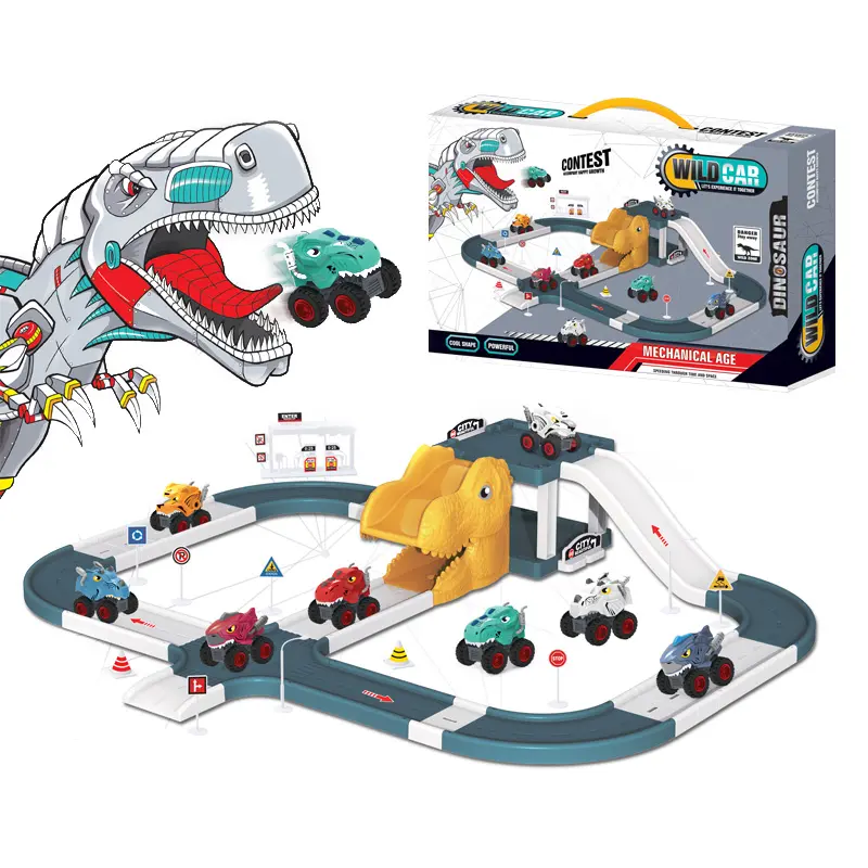 EPTキッズメカニカル恐竜駐車場トラックスロットおもちゃ車ガレージレールストーリーおもちゃ教育用Diy鉄道2スキッド付き