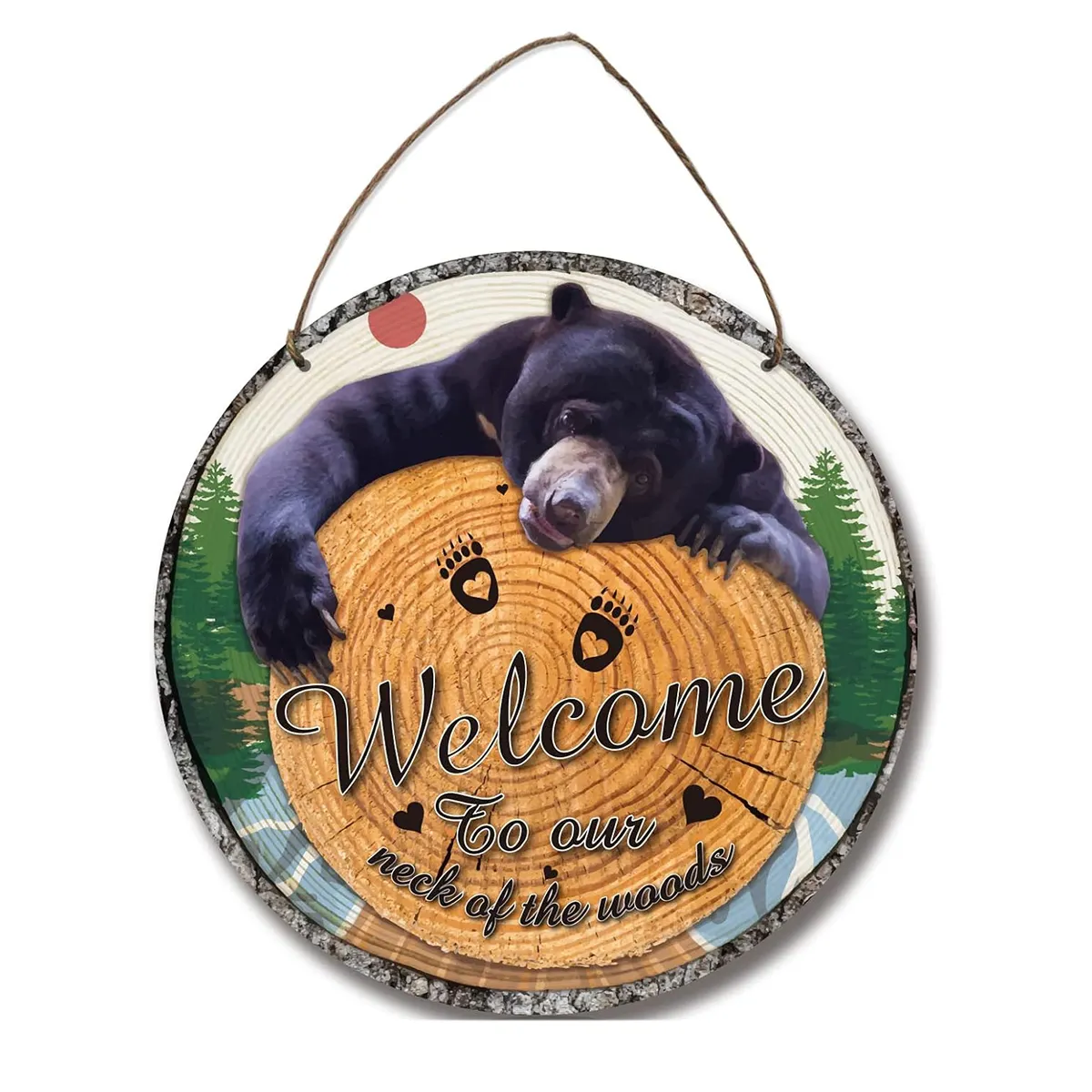 Bonito cartel de bienvenida de oso negro, decoración de pared colgante de madera redonda Natural para casa de campo, lago, casa, bosque, cabaña, porche delantero