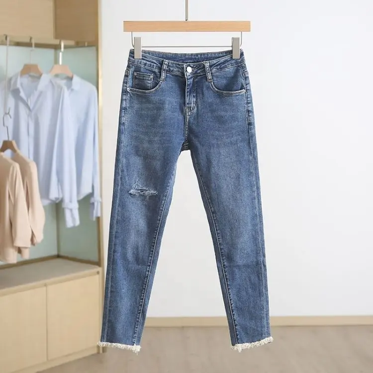 2024 High Quality Denim Hole Skinny Stretchy Pencil Plus Size Jeans Pants High Waist Jeans Women's Jeans