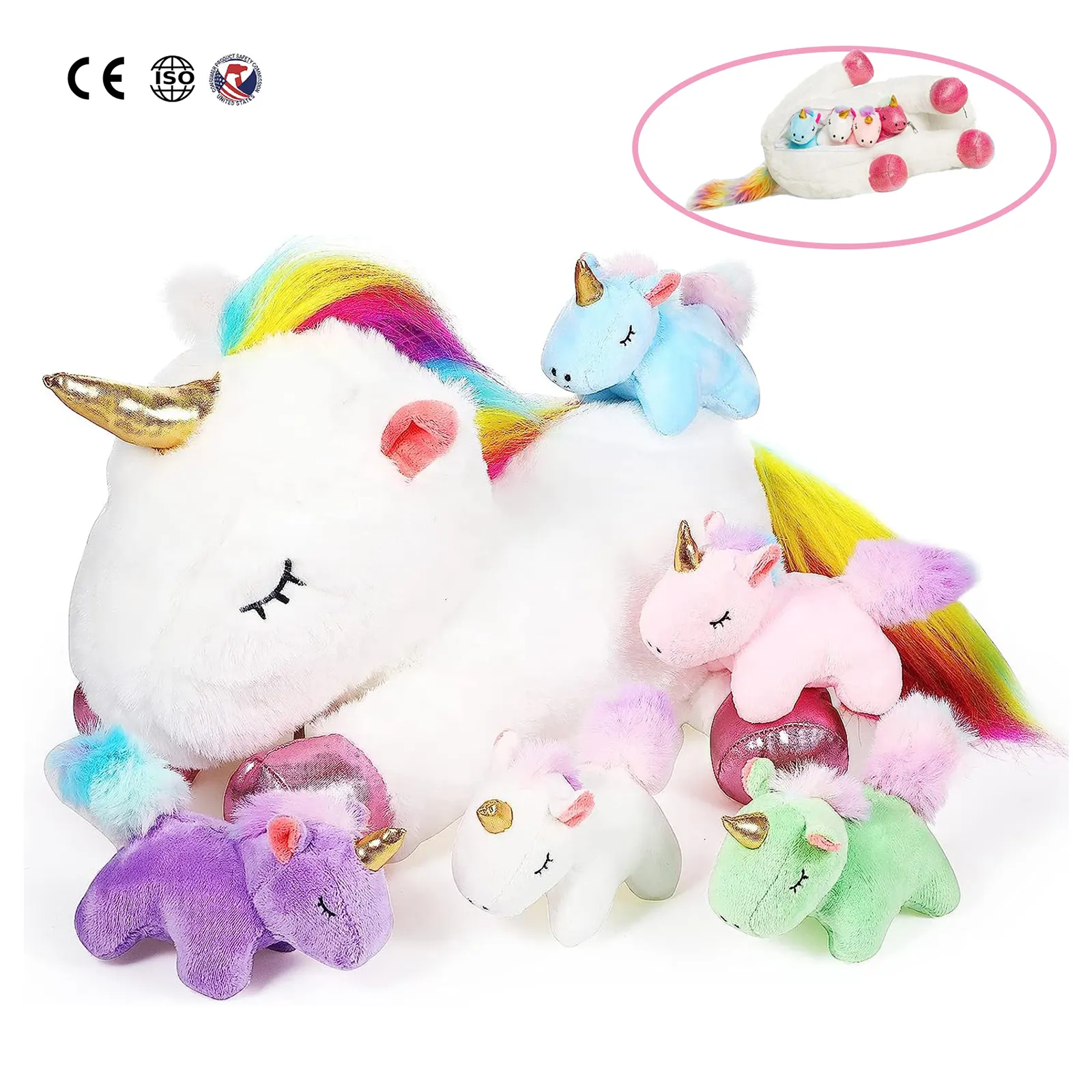 Fabricante de calidad personalizado mamá unicornio con bebés lindo 4 en 1 suave unicornio juguetes de peluche animal de peluche regalo para niñas