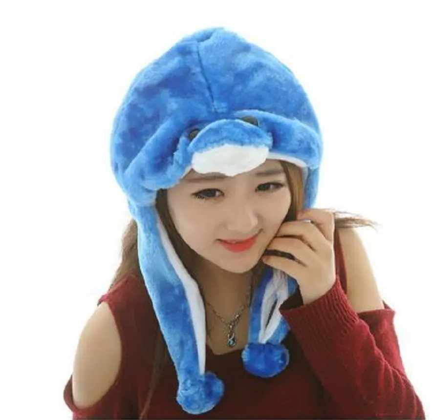 Promozione animali bambini cappelli Cosplay Blue Dolphin Cos cappello invernale acquario regalo peluche morbido lupo nero cappello a cuffia Husky