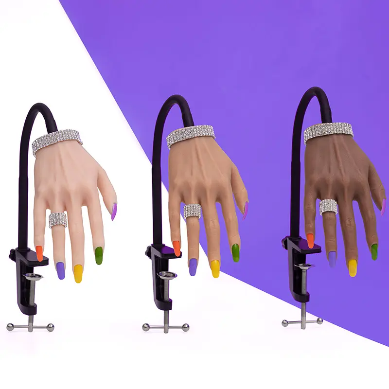 Mano de práctica para uñas acrílicas, modelo de mano de silicona para práctica de uñas