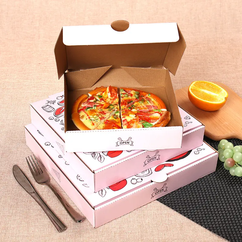 कस्टम पिज़्ज़ा बॉक्स पिज़्ज़ा पैकेज रंगीन डिज़ाइन पैकेजिंग के लिए लोगो कैरियर के साथ उच्च गुणवत्ता वाले व्यावहारिक सफेद पिज़्ज़ा बॉक्स