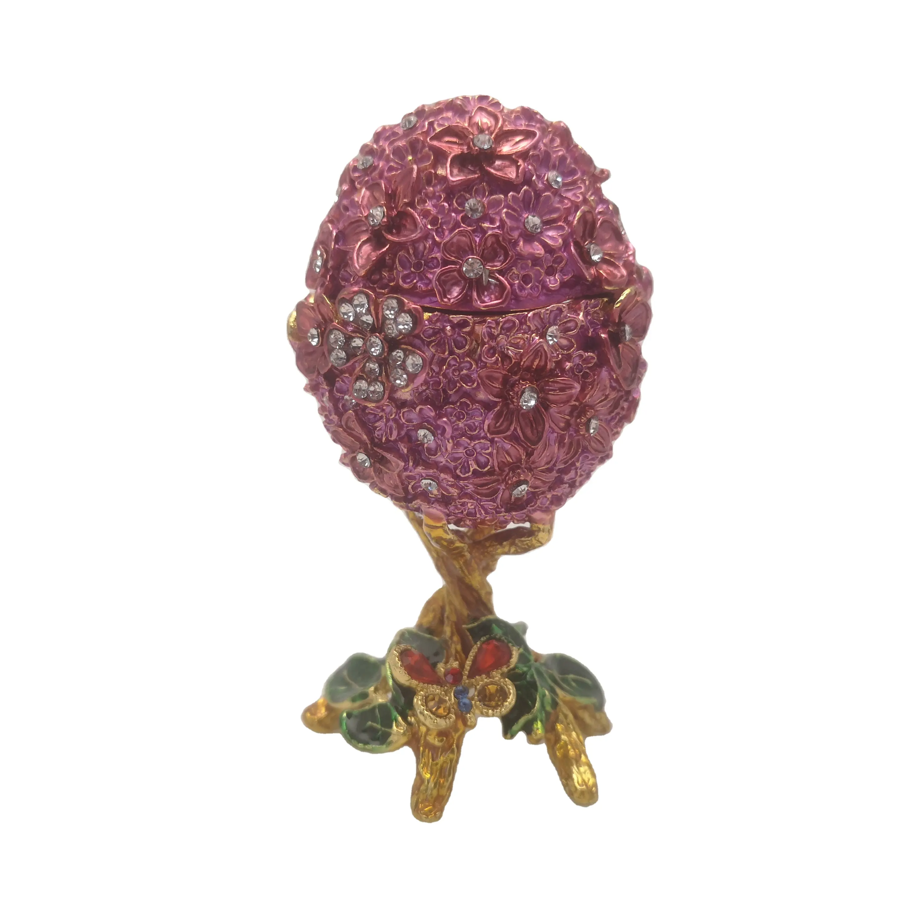 enamel jeweled hinged pink flower egg trinket jewelry box