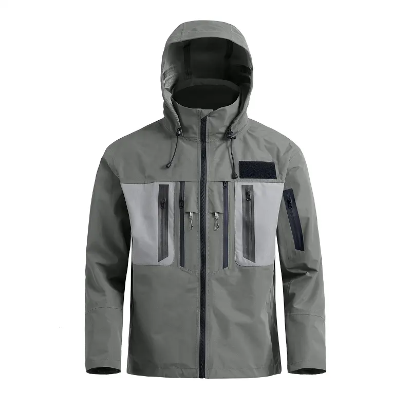 Jaket Pria Poliester 3 Lapis Kustom Tahan Angin Tahan Air Bersirkulasi Pakaian Memancing Jaket Hujan Luar Ruangan